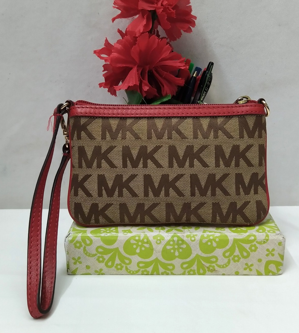 Michael Kors Brown Canvas MK Printed Zipper Closure Wristlet Coin Wallet